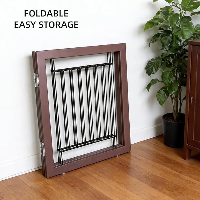 ZJSF Freestanding Dog Gate Indoor, Foldable Dog Fence for Doorways,Hallways or Stairs, Sturdy Wood Extra Wide Pet Gate with Support Feet,Brown,24 "Height-3 Panels