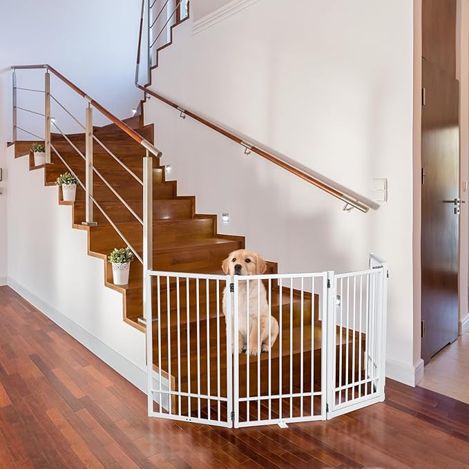 Metal Freestanding Dog Gate with Door, Extra Wide 81", 31" Height Foldable Dog Gates for Doorways, Tall Pet Fence Indoor Outdoor Pet Gates, 4 Panels Pet Barrier for Stairs Hallways, White