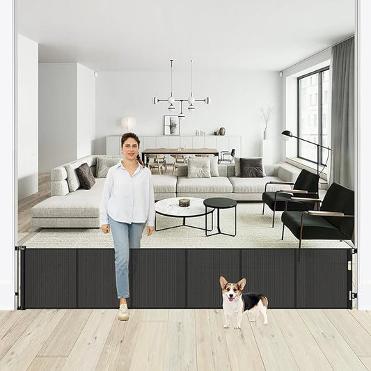 24 Inch Tall x 150 Inch Extra Wide Retractable Dog Gate for The House, Short Baby Gate to Step Over, Reinforced Mesh Puppy Gate for Doorways, Step Over Pet Gate for Stairs, Indoor/Outdoor, Black