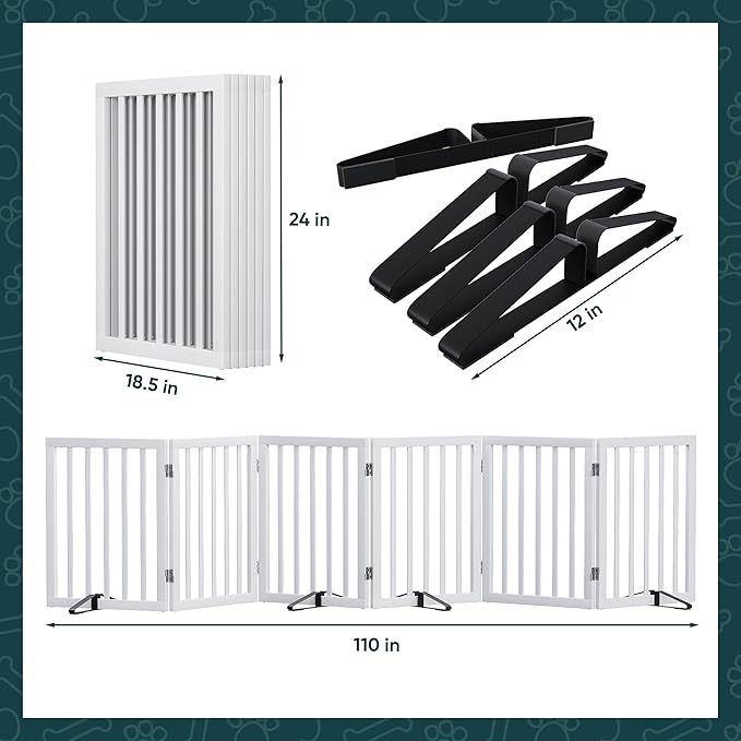 Semiocthome Wood Dog Gates for The House Extra Wide, 6-Panel Freestanding Pet Gates with 4PCS Metal Stands for Doorways and Stairs, 24" H Foldable Dog Fences Indoor, Expands Up to 110" (W)- White