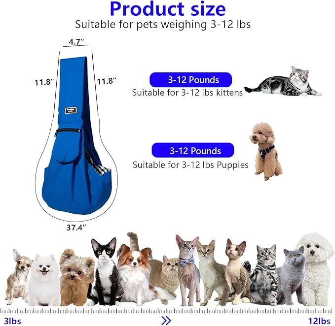 Dog Sling,Dog Slings for Small Dogs for 3-12 lbs,Puppy Sling Made of Waterproof and Anti-Static Fabric, Cat Sling with Storage Bag, Anti-Detachment, Make It Easy for Pets to Travel Blue