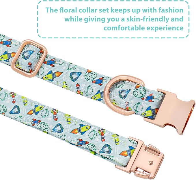 Dog Collar and Leash Set Adjustable Girls Puppy Floral Collars with Bow Tie for Small Medium Large Dogs(M, Rocket)