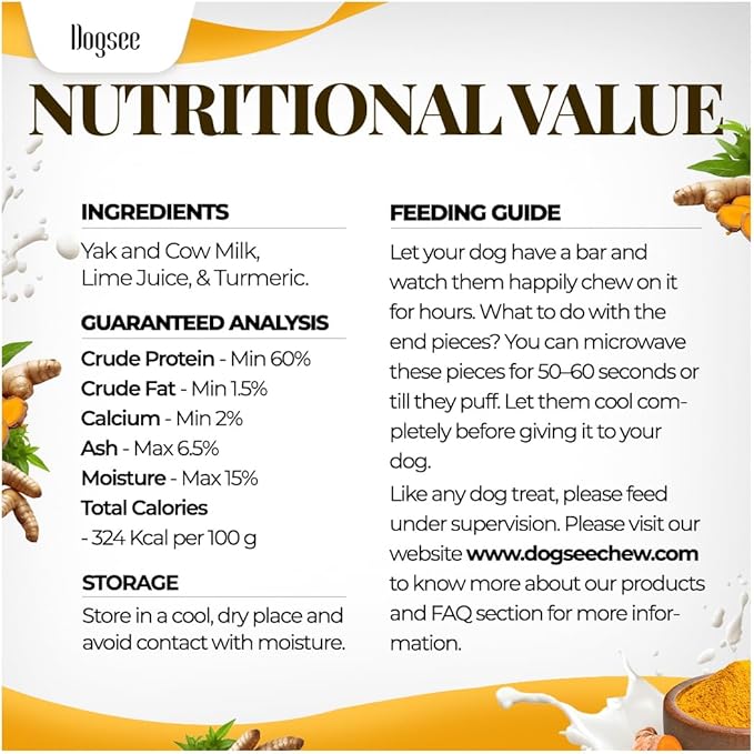 Dogsee Himalayan Yak Chews with Turmeric/Curcumin (XL - 3 Bars) | Yak Chews for Large Dogs | Dog Treats | Helps Joint Pain | Rawhide-Free