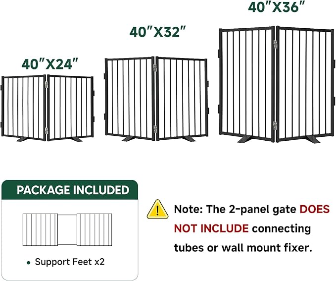 Snagle Paw Metal Freestanding Dog Gate,40” W x 36” H Dog Fence with Support Feet for Doorways, Stairs and Hallways, Portable Pet Gate for Indoor Use (2 Panel, Black)