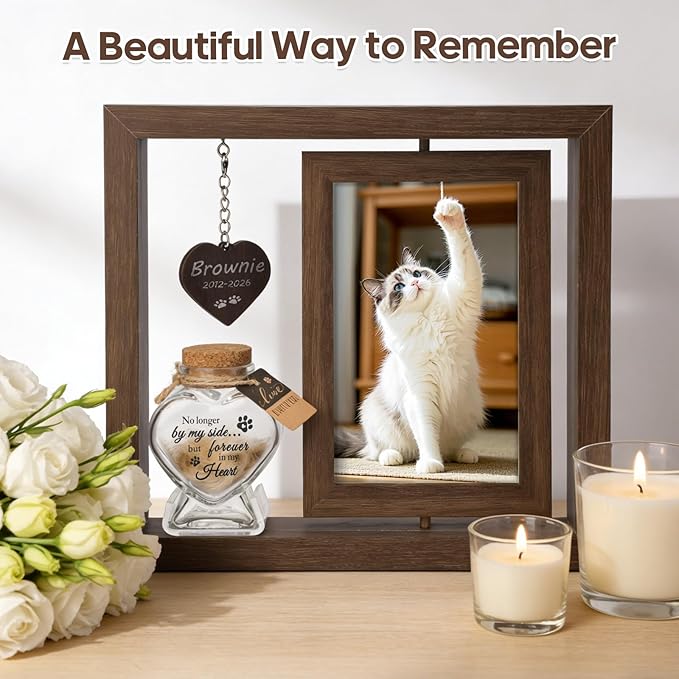 Dog Memorial Gifts for Loss of Dog – Rotating Wooden 4x6 Picture Frame with Fur Keepsake Jar & Writable Name Card, Pet Remembrance Sympathy Gift for Dog & Cat Lovers (Brown)