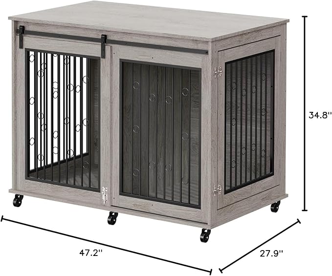 IchbinGo Large Dog Crate Furniture, 47" Wooden Dog Kennel with Sliding Barn Door, Flip-Top Lid & Wheels, Indoor Pet Crate Table with Detachable Divider for Small/Medium/Large Dogs (Rustic Grey)