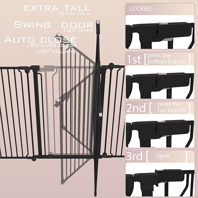 51" Extra Tall Cat Gate for Cats – 57.4" to 81" Extra Wide Cat Gate for Doorway,Auto Close 3-Panel Durable Pet Gate Indoor Use, Metal Dog Gate for Kitchens, Doorways & Stairs (Black)