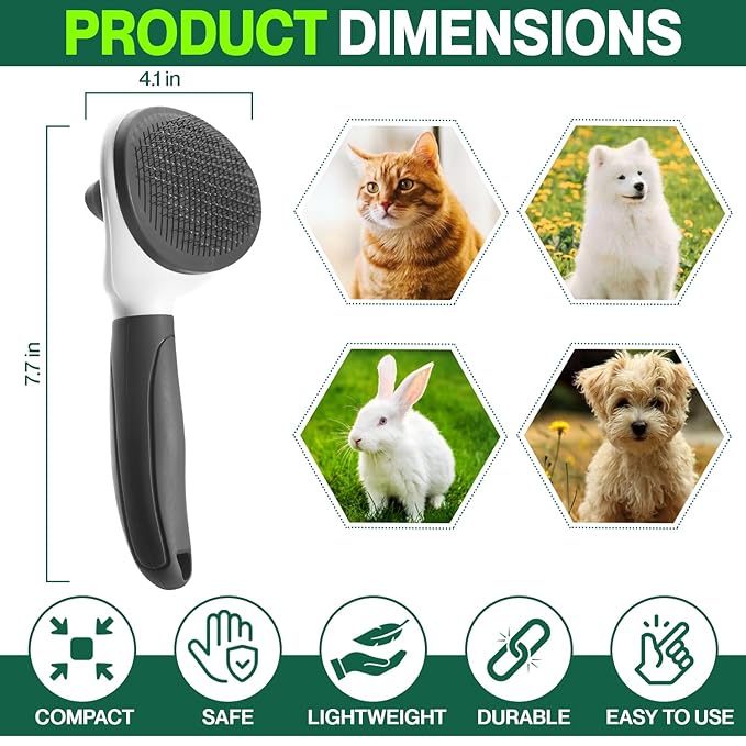 Self Cleaning Slicker Brush with release button for cat, dog, small and large pets, shedding and grooming, massaging tool. Suitable for both long or short hair. (Gray_Large)