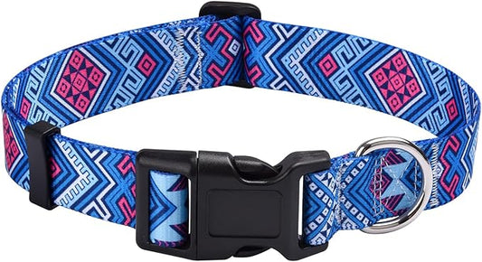 Dog Collar with Bohemia Floral Tribal Geometric Patterns - Soft Ethnic Style Collar Adjustable for Small Medium Large Dogs(Blue Ethnic Style,L)