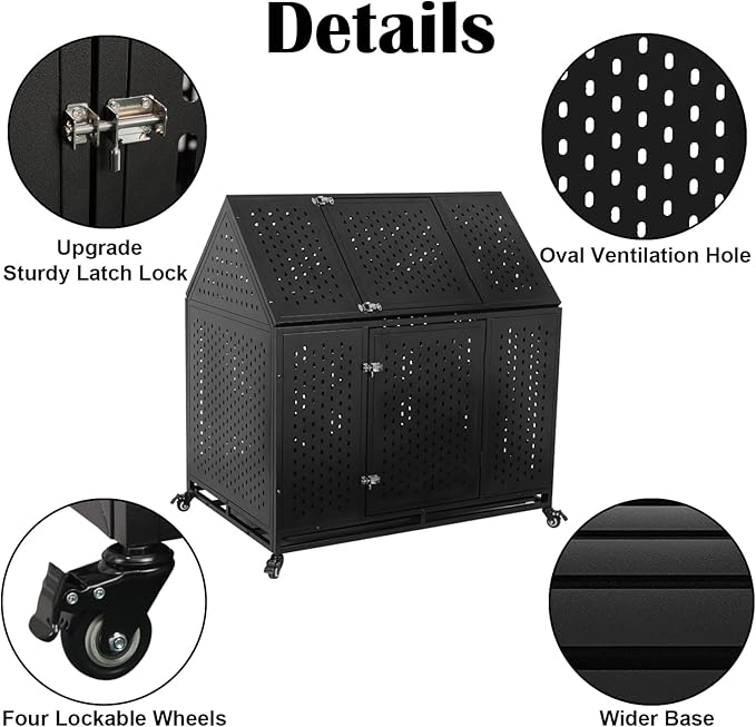 44 inch Heavy Duty Dog Crate with Wheels, Indestructible Escape-Proof Steel Pet Kennel for High Anxiety Large Medium Dogs, Chewproof Indoor Double Door Dog Kennel with 2 Trays, 4 Locks, XL