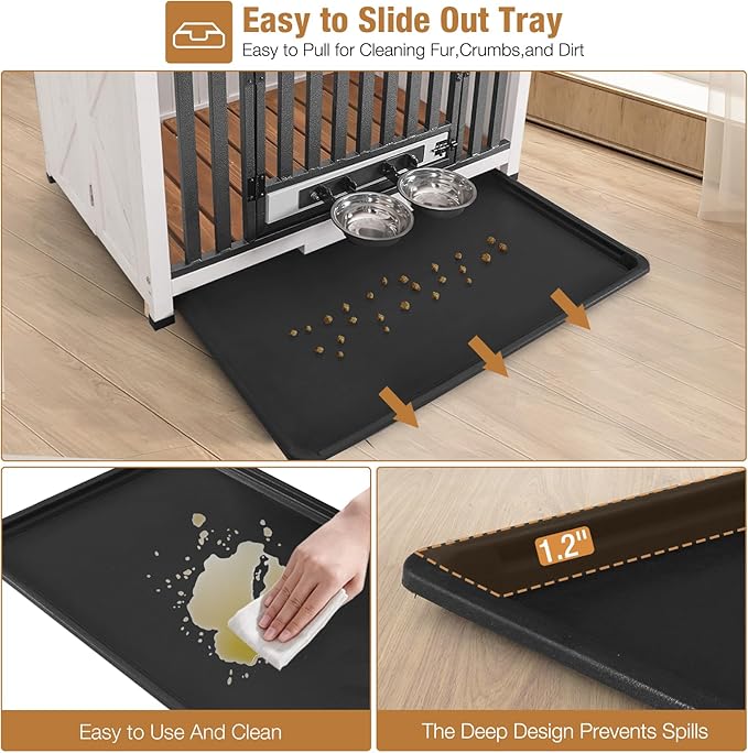Folding Dog Crate Furniture, Wooden Dog Crate End Table with 360°Rotatable Removable Dog Bowls &Tray, Modern Kennel for Dogs Indoor for Small, Medium Dogs- Portable