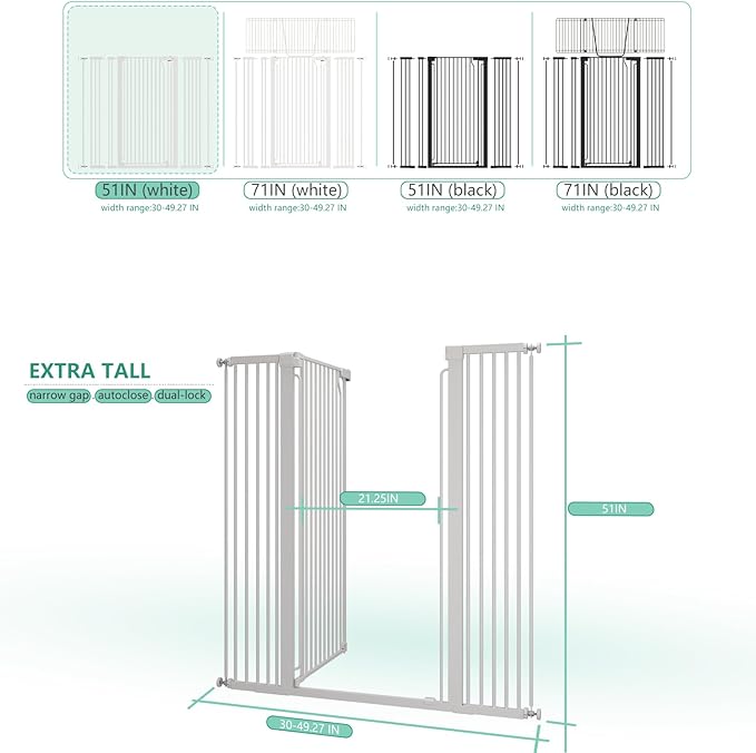 51" Extra Tall Cat Gate 30"-49.27" Wide, Auto Close, Pressure Mounted, for Cats & Small Dogs, Hallway, Stairs, Kitchen, Not Baby Gate,White