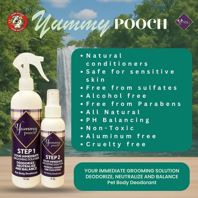 Yummy Pooch Dog Deodorant Bear (Mountain Spring Fresh Scent) - All-Natural 2-Step Odor Control & Coat Hydration - Includes Bandana & Travel Bag - Made in USA - 8oz and 4oz