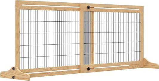 PawHut 72" W x 27" H Extra Wide Freestanding Pet Gate with Adjustable Length Dog, Cat, Barrier for House, Doorway, Hallway, Natural