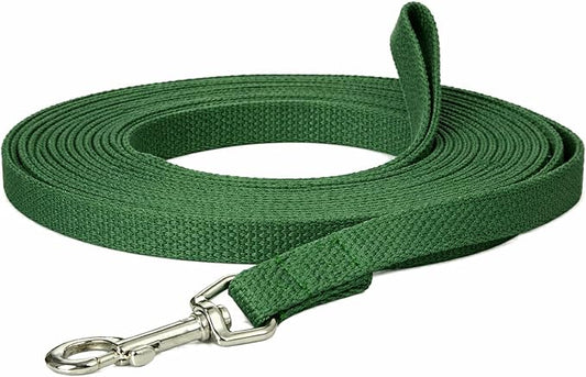 Cotton Dog Training Lead, 20ft, Green, Soft Woven Dog Training Leash for Obedience, Recall, and Control Training