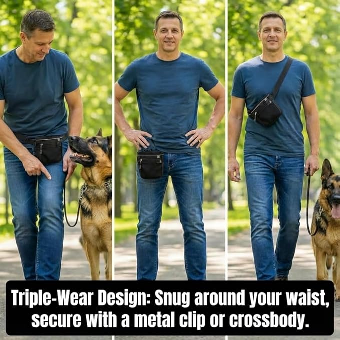 Dog Training Treat Pouch, Clip-On, Crossbody, Magnetic, 2 Compartment Divided Interior, 1 1/2 Cup Total 3/4 Each Side, Dog Treat Training & Walking Bag, Poop Bag & Waste Clip, Hand Free- Black 5x5