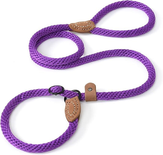Mile High Life Slip Leads for Dogs | Heavy Duty Dog Training Leash | 5 Feet No Pull Slip Leashes w Leather Tip | Purple Rope Lead for Dogs Outside
