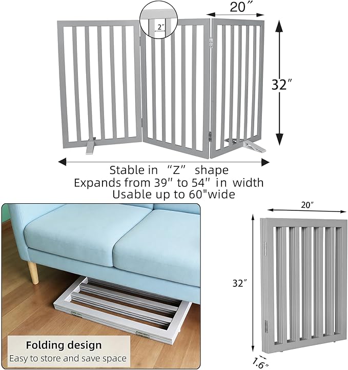 Dog Gate Indoor, Freestanding Dog Fence for The House, Doorways, Hallways,or Stairs,Pet Gate Foldable Wooden,Expandable 32" Height 3 Panels,Grey