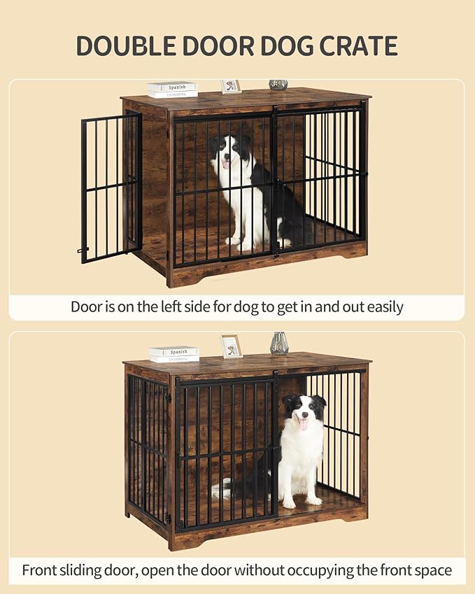 XXL Large Dog Crate Furniture, 46.9" Indoor Dog Kennel Furniture with Barn Door, Wooden Tall Dog Crate, Heavy Duty Dog Cage for Large Dogs, Side End Table, Anti-Chew, Rustic Brown DFC83801B