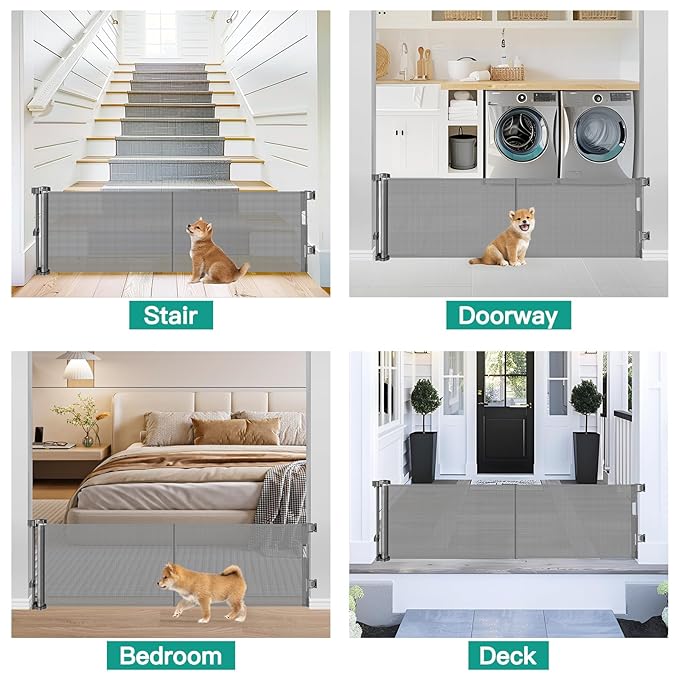 20 Inches Tall Retractable Short Dog Gate to Step Over, Short Pet Gates for The House, Extends up to 55" Wide, Small Dog Gate Indoor Puppy Gate Mesh Doggie Gates Low Dog Gate (Gray)