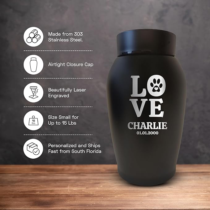 Personalized Custom Small Keepsake Urn Engraved with Pet Name, Date, and Dog Design - 5.2" Black Powder Coated Steel Cremation Urn for Dogs Ashes | 12-16 lb Capacity, Love Print