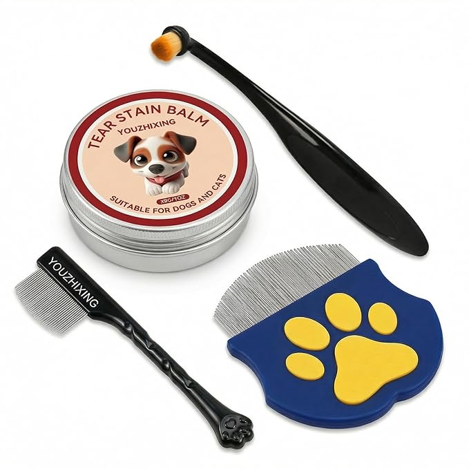 4-in-1 Tear Stain Remover Kit for Dogs & Cats - 1oz Natural Eye Balm with Pro Application Brush & 2 Stainless Steel Combs - Professional Eye Gunk (4in1a)