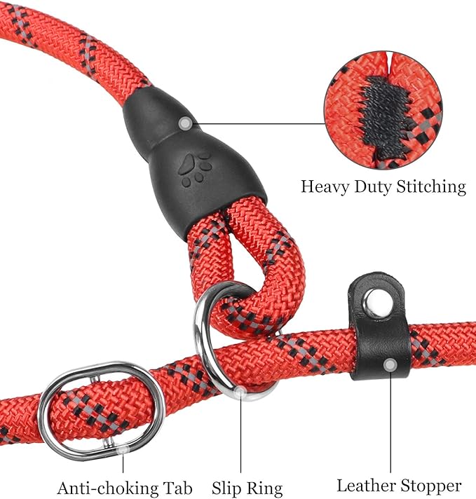 TagME Slip Leads for Dogs that Pull, 6 FT No-Pull Training Leash with Lock, Escape-Proof Design, Reflective & Padded Handle for Small Dogs, Red