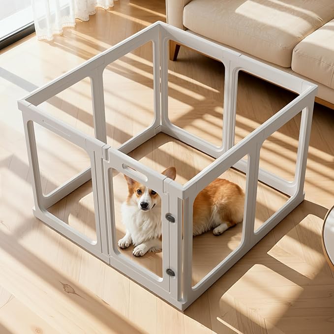 23.6“ H Clear Acrylic Plastic Dog Playpen, 8Pcs Lightweight & Easy Assemble Playpen Divider, Durable Safety Play Pen Indoors, Puppy, Cat, Small Animal(White)