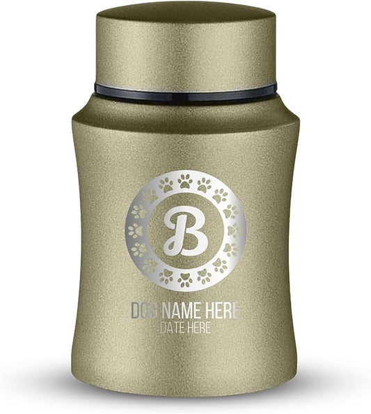 Customized Small Keepsake Urn Personalized Engraved with Pet Name, Date, and Dog Design - 4" Powder Coated Cremation Mini Compact Urn for Dogs Ashes | 5–10 Lbs Capacity | Washed Gold, Paw Stamp