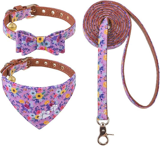 EXPAWLORER Dog Collar and Leash Set - Embroidery Floral Dog Bow Tie and Bandana Collar with Bell, Cute Flower Pet Collars and Rotating Leash No Tangle for Outdoor Walking, Purple S