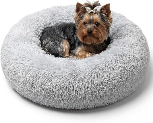 Calming Donut Dogs Beds for Small Dogs Washable,19inch Fluffy Round Puppy Bed for Puppies,Cats & Toy Breeds with Raised Rim,Fits up to 15 lbs Pets,Frost Grey