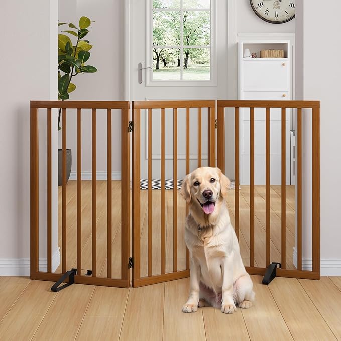 Semiocthome Freestanding Dog Gate 32" Tall, 3-Panel Foldable Dog Gates for Doorways Stairs House, Pet Gate Indoor with 2 Metal Stands, Walnut