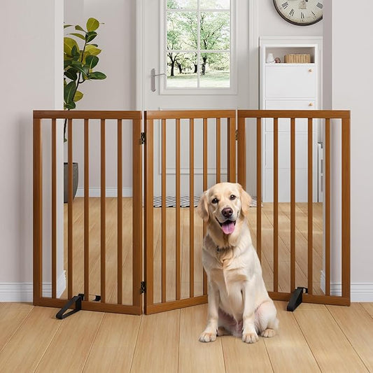 Semiocthome Freestanding Dog Gate 32" Tall, 3-Panel Foldable Dog Gates for Doorways Stairs House, Pet Gate Indoor with 2 Metal Stands, Walnut