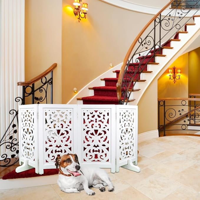 Decorative Wooden Pet Gate, Dog Fence, Cat Gate, Foldable, Adjustable, Portable, Extra-Wide, Wooden Dog Barrier, Free-Standing Puppy Gate 4 Panels for Indoor, Doorways, Stairs-26x52 Inch White Antique