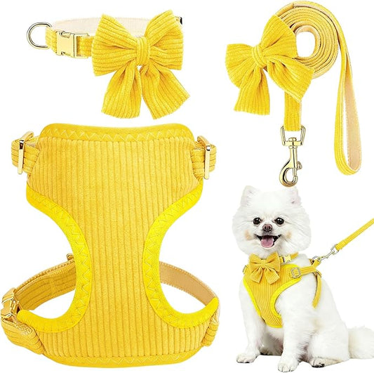 Small Dog Collar Harness and Leash Set, Dog Harness no Pull with Bowtie, Breathable Cotton Adjustable Pet Puppy Harness, Easy Walk Dog Harness, M(16-21")