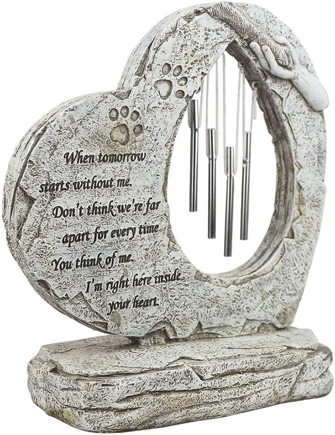 Paw Prints Pet Dog Memorial Stones with Wind Chimes, Loss of Dog Sympathy Keepsake Pet Dog Memorial Gi-fts, Heart Shaped Pet Dog Headstone Grave Markers for Garden Yard Patio Lawn Decor