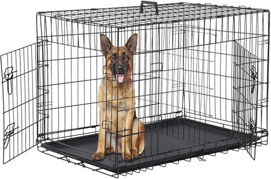 Dog Crate for Large Medium Dogs Folding Dog Kennel Cage with Plastic Tray & Divider 48" Indoor Outdoor Metal Double Door Pet Playpen Heavy Duty Dog Pen Enclosure Black