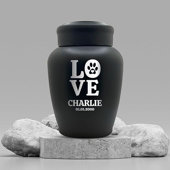 Custom Engraved Dog Urn with Name and Date - Stainless Steel Large Cremation urns for Dogs Ashes with Airtight Closure | up to 150 lbs Capacity | Love Print