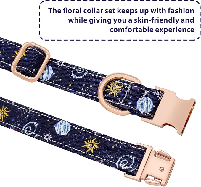 Dog Collar and Leash Set Adjustable Girls Puppy Floral Collars with Bow Tie for Small Medium Large Dogs(L, Blue Planet)
