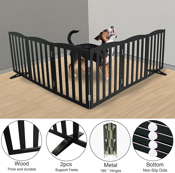 Freestanding Dog Gate Indoor,Doggie Gate Foldable Pet Gates for Doorways,Stairs or Hallways, Wooden Black Pet Gate for the House, Pet Fence with Support Feet Included,24 "Height-6 Panels