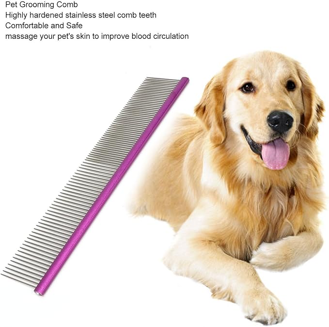 Pet Steel Comb Dogs and Cats, Professional Dog Grooming Comb For Shedding Tangles Knots, Pet Dematting Comb with Rounded Teeth and Non Slip Grip Handle for Long Haired Breeds(Purple 19cm/7.5in)