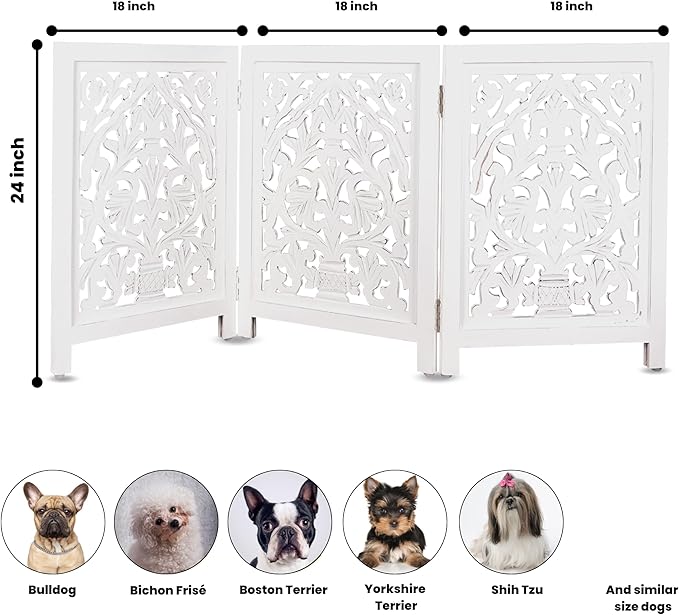 Decorative Wooden Pet Gate, Dog Fence, Cat Gate, Foldable, Adjustable, Portable, Extra-Wide, Wooden Dog Barrier, Free-Standing Puppy Gate 3 Panels for Indoor, Doorways, Stairs-24x54 Inch Antique White