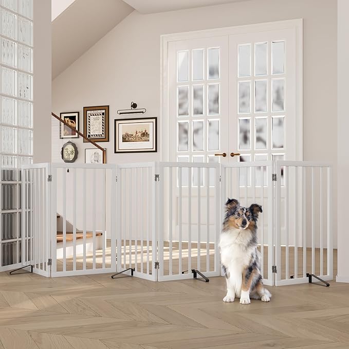 Freestanding Extra Wide Dog Gate Indoor, 6-Panel Wooden Pet Gate with 2 Metal Stands and 360°Hinge, Tall Dog Gates for Doorways, Stairs, Doorways, Kitchen, Foldable Safety Fence, 110"W x 32"H - White