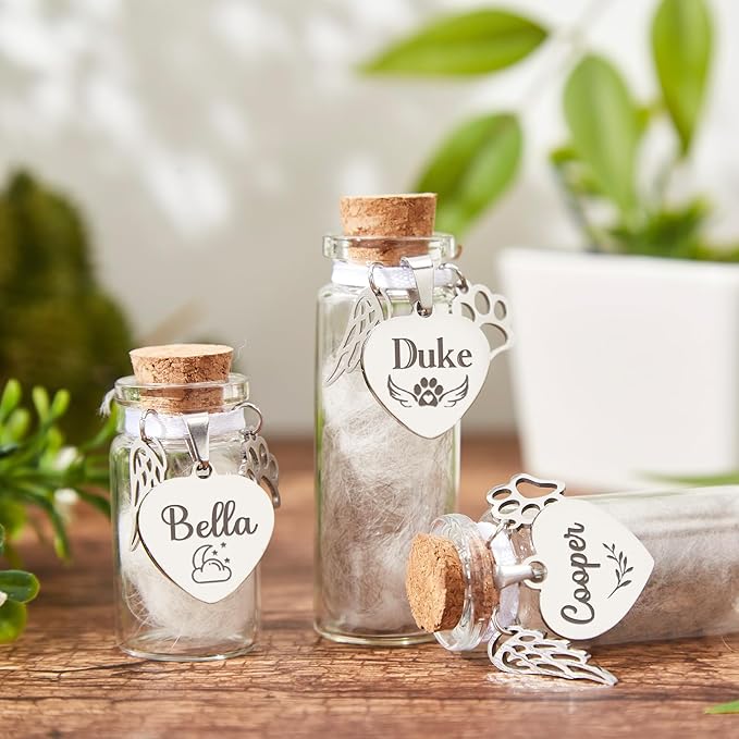 Custom Pet Memorial Gift Pet Fur Dog Cat Memorial Jar Heartfelt Keepsake Jar, Paw & Wings Pendant Included