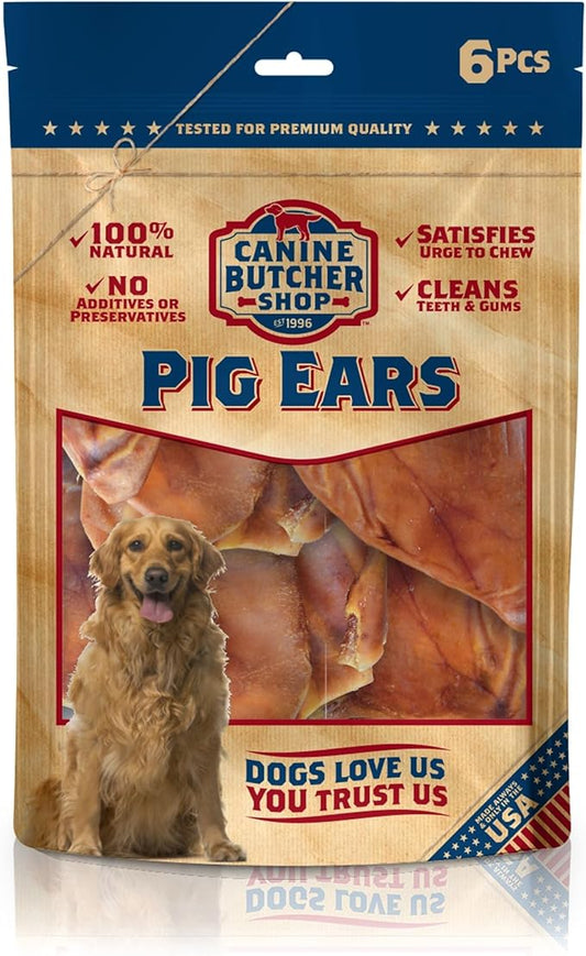 Pig Ears for Dogs Large, Sourced & Made in USA, Natural Dog Chew Treat, Large & Small Dogs, Aggressive Chewers (6-Pack)