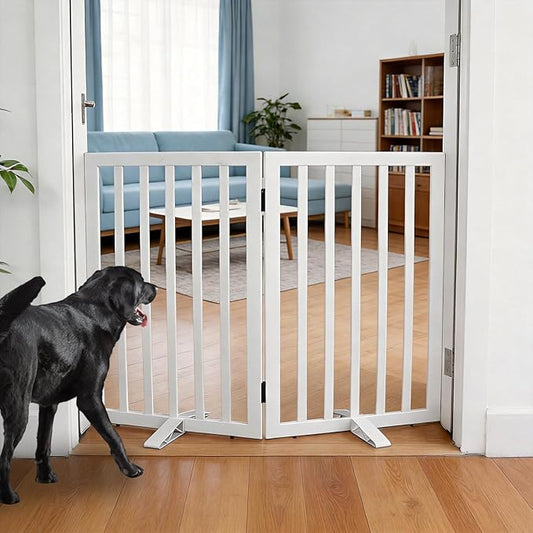 ZJSF Freestanding Indoor Dog Gate for House Foldable Wood White Puppy Gate for Doorways Pet Gate for Stairs Extra Wide Pet Fence 32" Height 2 Panels