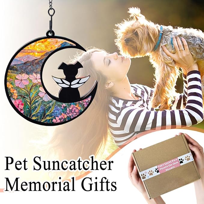 Dog Angel Memorial Suncatcher with Rainbow Bridge Poem Card, Pet Sympathy Gifts for Loss of Dogs and Cats, Phlox