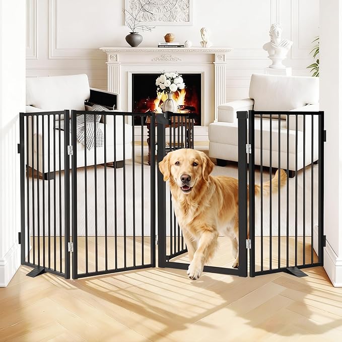 Snagle Paw Metal Freestanding Dog Gate with Door,80” W x 36” H Dog Fence with Support Feet for Doorways, Stairs and Hallways, Portable Pet Gate for Indoor Use (4 Panel, Black)