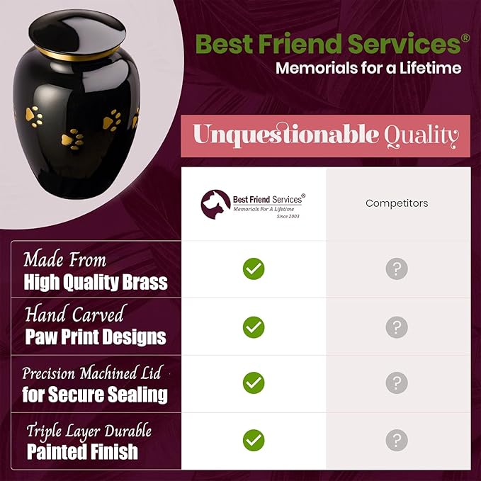 Ottillie Paws Legacy Series Pet Urn for Dogs and Cats, Handmade Brass Memorial Cremation Urn (Small - Pets up to 25 lbs, Ebony, Horizontal Brass Paws)