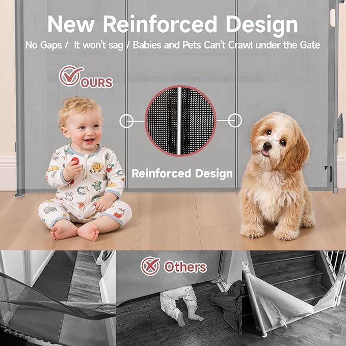 Reinforced Retractable Baby Gate, Extra 38" Tall, Extends up to 63" Wide, Hardwared Installation Mesh Gate for Stairs, Dog Gate, Child Pet Gate for Stairs, Doorways, Hallways, Indoo (Gray)